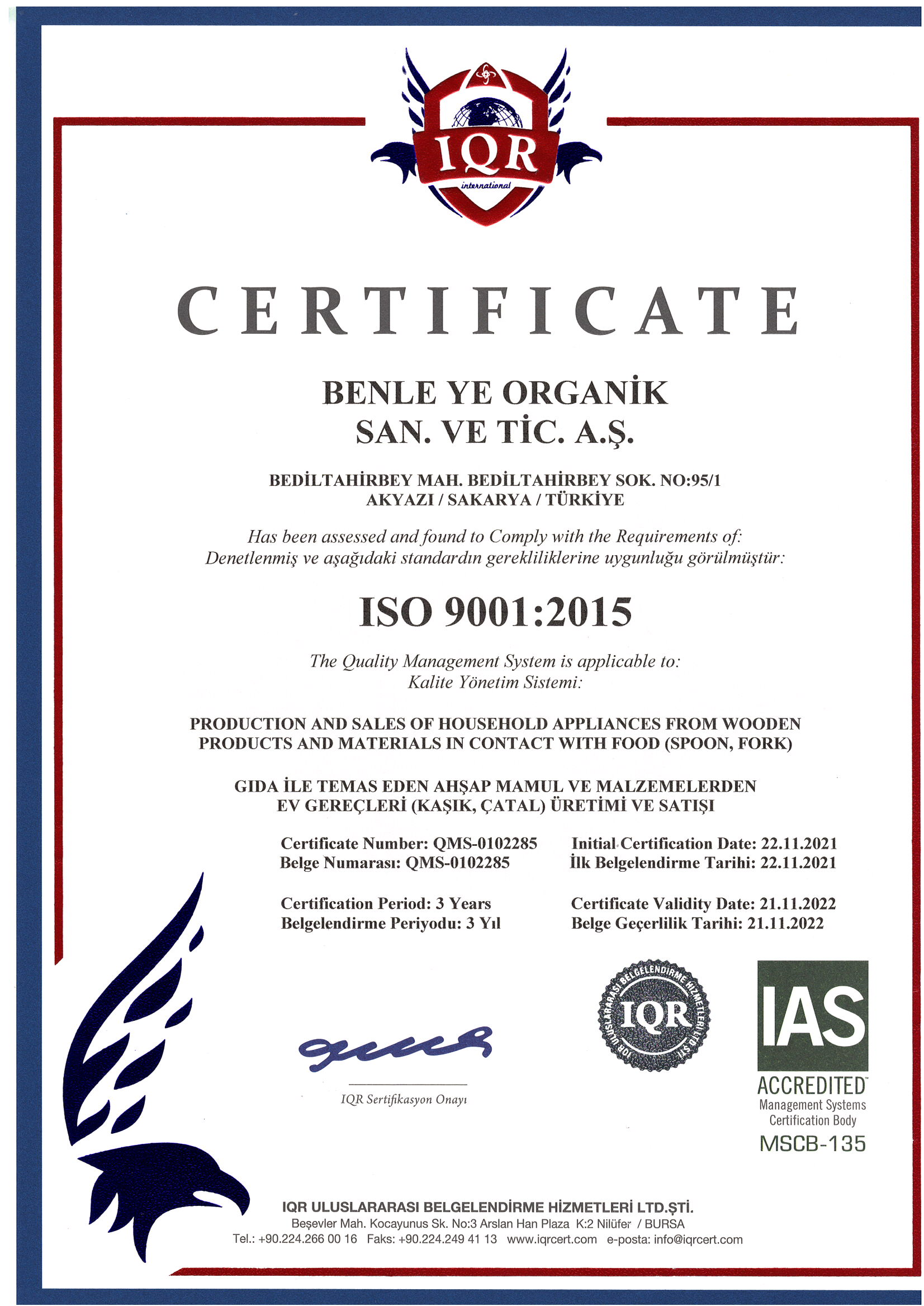 Benleye Organik ISO 9001 Certificate